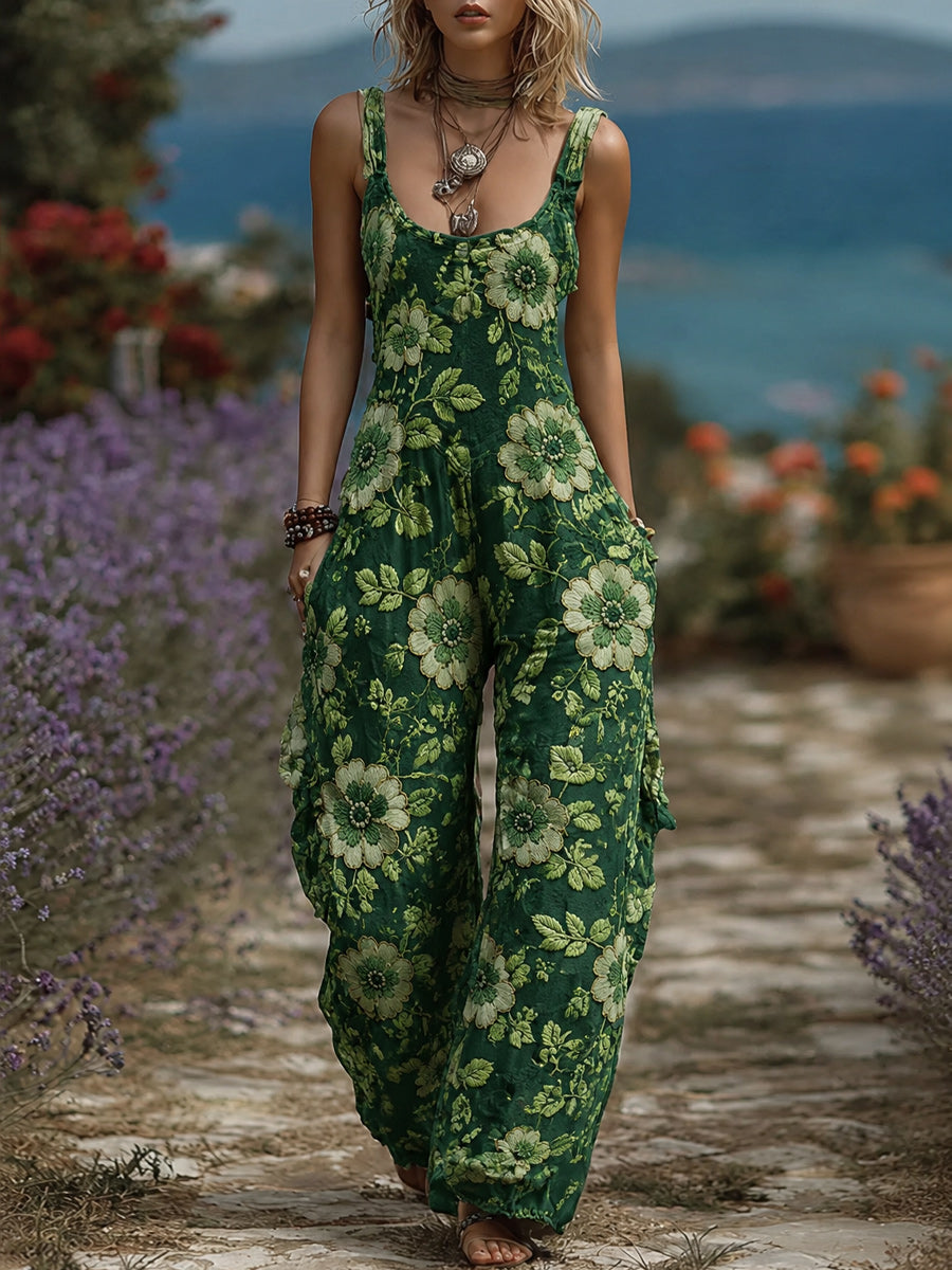 Women's Retro Style Art Print Washed Cotton Denim Patchwork Jumpsuit